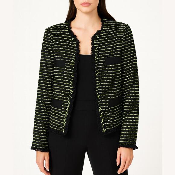 Pinko Black Neon Green Tweed Stripe Fringe Blazer Jacket Size US 4 - Picture 1 of 7